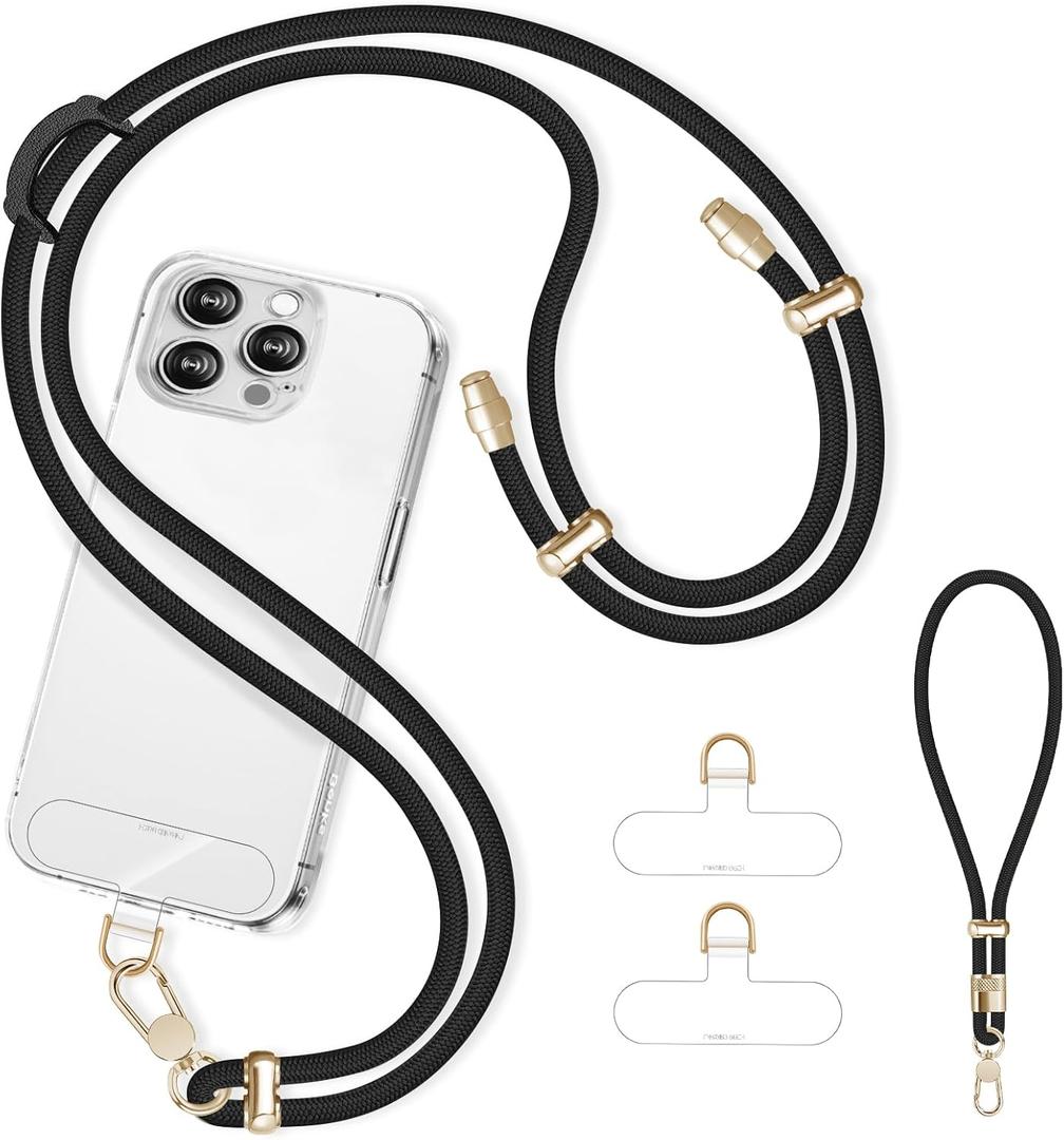Cell Phone Lanyard Adjustable Crossbody Phone Lanyard *1 Phone Wrist Strap *1 with Deluxe Gold Matal Buckle + Clear Tether Tabs *2 for Shopping Travelling Hiking Black
