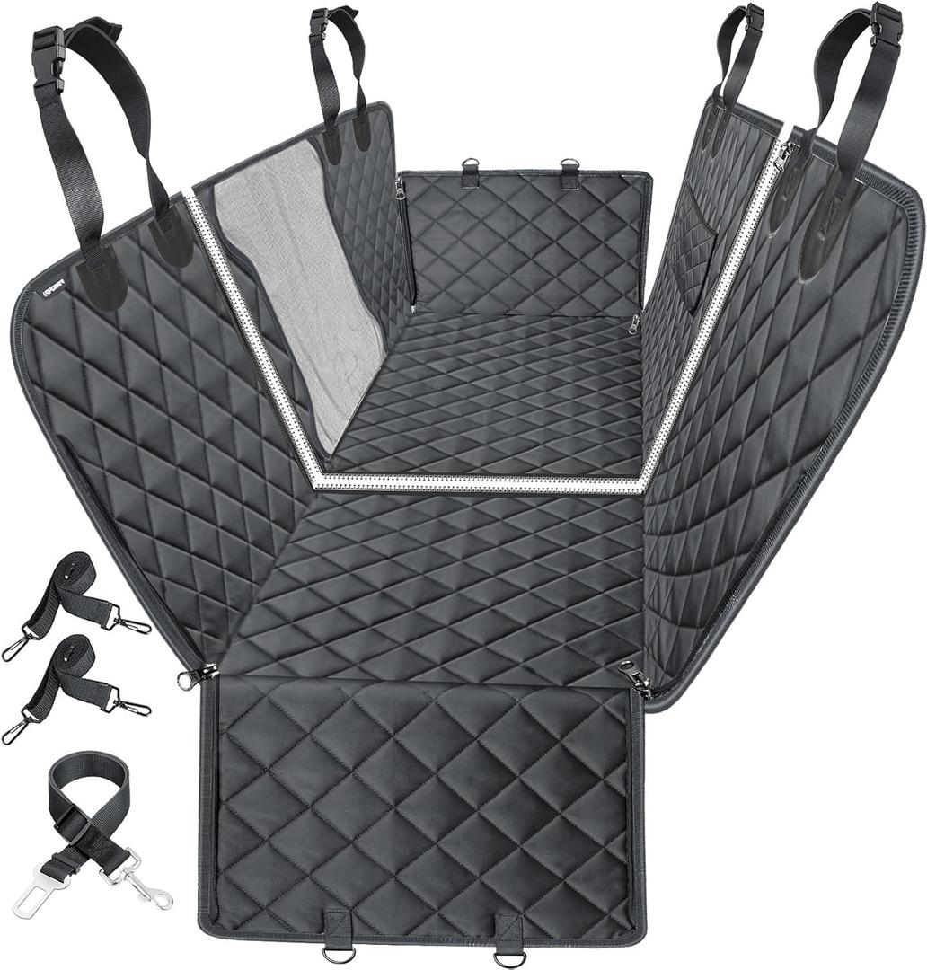 URPOWER 6-in-1 Dog Car Seat Cover for Back Seat, Waterproof Dog Car Hammock with Mesh Window & Side Flap, Pet Backseat Protector for Car, SUV, Truck (Standard (54" W x 58" L ), All Black)