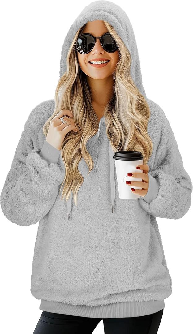 TBONTB Hoodies for Women Fuzzy Oversized Sweatshirt Zip Up Fleece Pullover Fluffy Sherpa with Pockets (Gray)