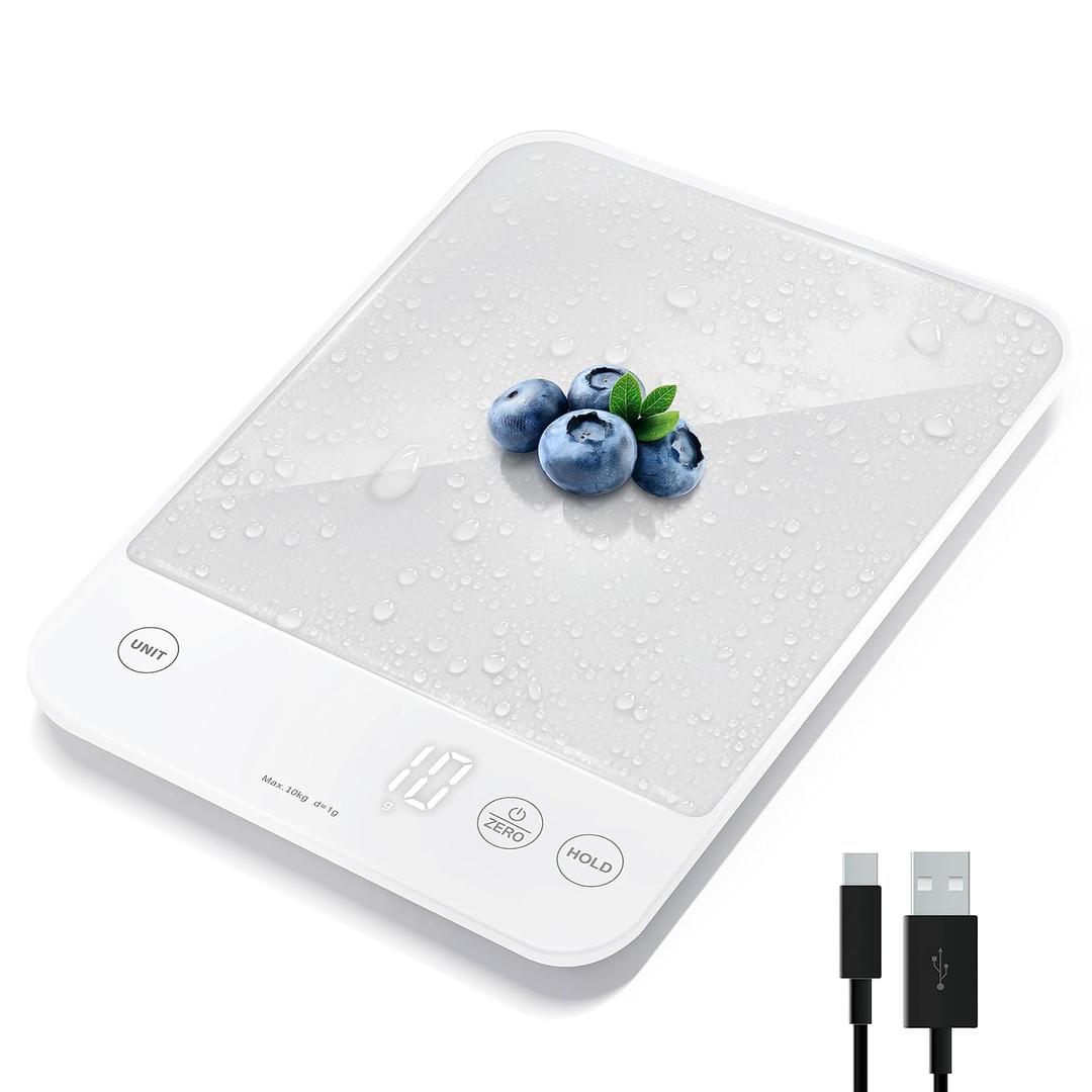 Etekcity Food Kitchen Scale, 22lb Digital Weight Scale Grams and Ounces Rechargeable Waterproof Tool for Weight Loss, Cooking, Baking, Meat, Bread, Large 0.05oz/1g Accuracy White