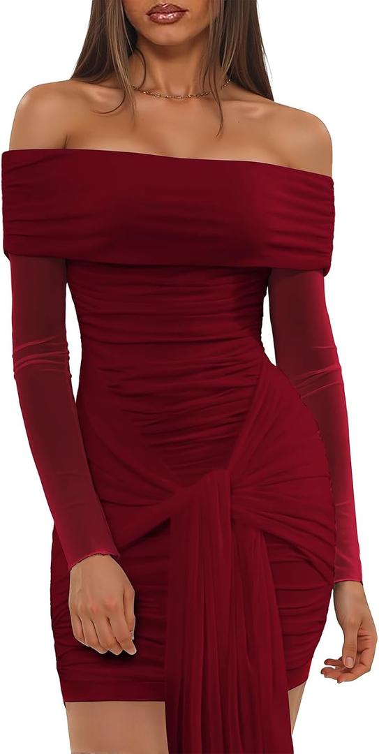 Ophestin Off The Shoulder Mesh Dress Long Sleeve Ruched Bodycon Dress for Women Tie Waist Dresses, Burgundy, Medium