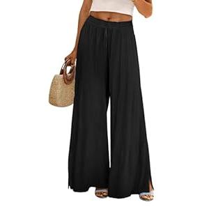 YESNO Women Summer Boho Palazzo Pants High Waist Wide Leg Floral Casual Cotton Lounge Trousers with Pockets, 2XL, PP0 Solid Black
