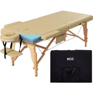 KCC Memory Foam Portable Massage Table, Foldable Tattoo Table Lash Bed Height Adjustable28 Inchs Wide Home Salon Spa Bed Accessories &Carrying CaseEasy Set Up,Sturdy Wooden Feet,Beige