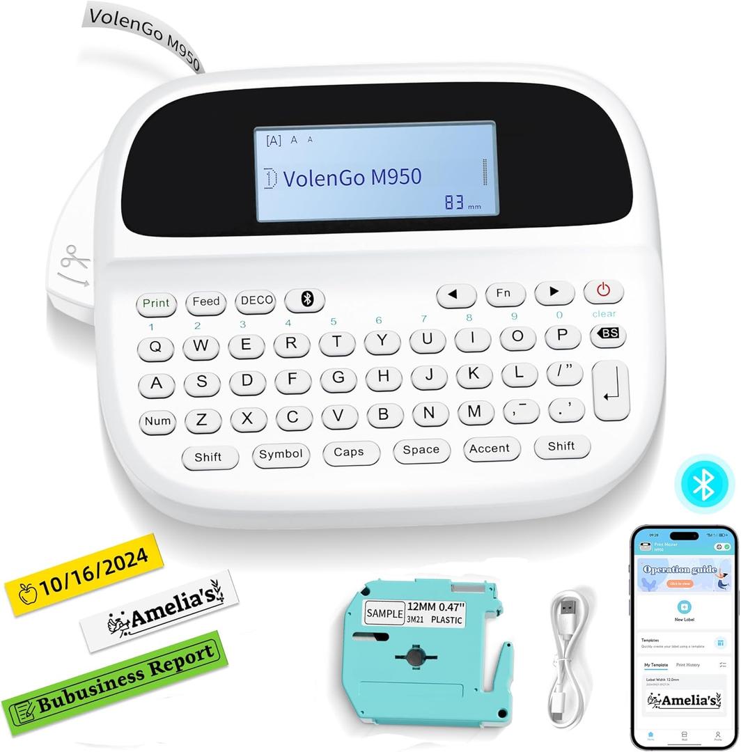 Label Maker Machine with-Tape, Rechargeable Backlit Bluetooth Labelmaker, Replacement for Ptouch Label Maker Machine, M950 12mm Inkless Label Printer, Teacher School Office Supplies