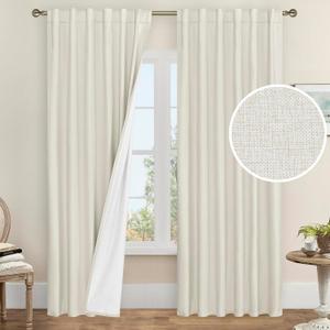LAMIT 100% Blackout Curtains for Bedroom, 90 Inch Linen Textured Thermal Insulated Living Room Curtains Back Tab and Rod Pocket Farmhouse Neutral Panels with White Liner, 2 Panels, 52 x 90 Inch, Ivory (52"W x 90"L (Pack of 2))
