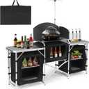 Camping Kitchen Table, Folding Table,Outdoor Cooking Table with Storage Carrying Bag, Aluminum Cook Station with Windscreen and 3 Multifunctional Storage Cupboards, BBQ, Outdoor, RV, Party, Black With Three Cupboard