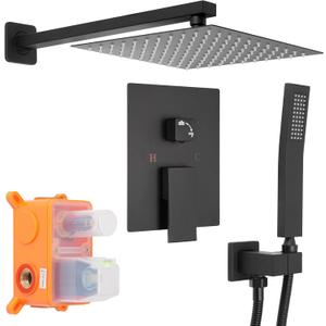 Brushed Black Square Shower Head with Handheld Set, Rainfall Shower System Modern Wall Mounted Shower Faucet for Bathroom 12 inch (With Shower Valve)