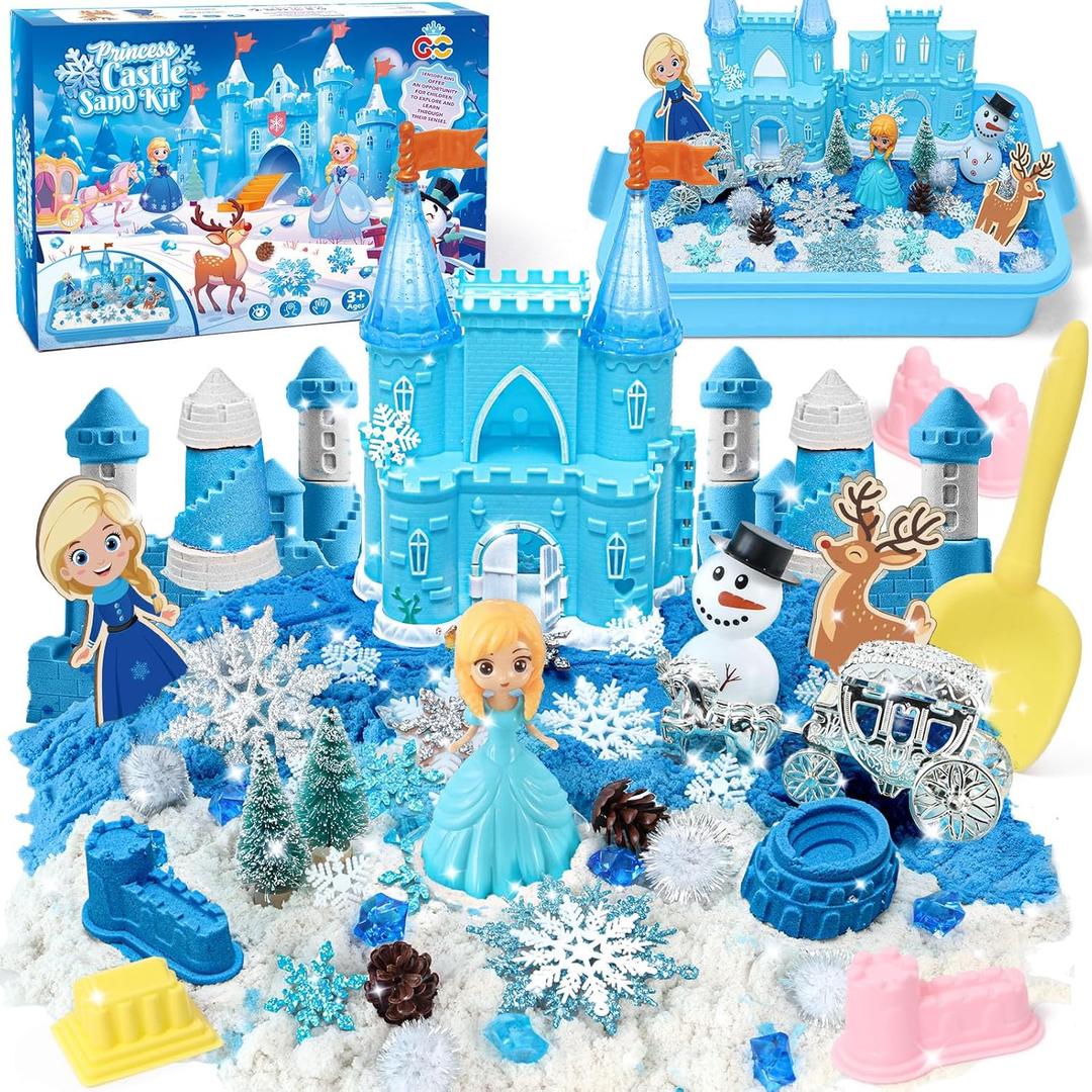 G.C Sensory Bin for Girl Kid Toy, Play Sand Art Kit with Sandbox/2lb Sand/Castle/Molds/Princess Figure, Winter Sensory Toy Christmas Birthday Gift for Girl Toddler Ages 3 4 5 6 7 8