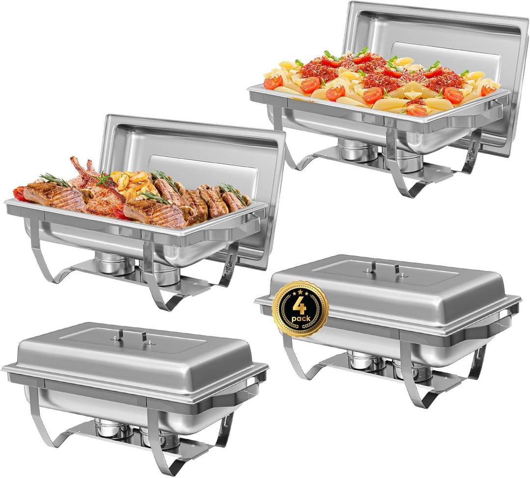4 Pack Chafing Dish Buffet Set, 8QT Stainless Steel Rectangular Chafers and Buffet Warmer Sets for Catering, with Food & Water Pan, Lid, Foldable Frame, Fuel Holder for Event Party Holiday (Silver)
