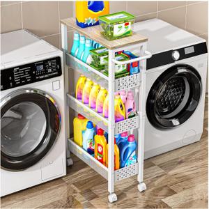 Vivihomety Utility Slim Storage Cart with Wheels, 4 Tier Small Rolling Cart with Wood Top, Metal Kitchen Bathroom Laundry Room Organization Trolley with Handle for Narrow Space - White (8.1 Inch Wide)