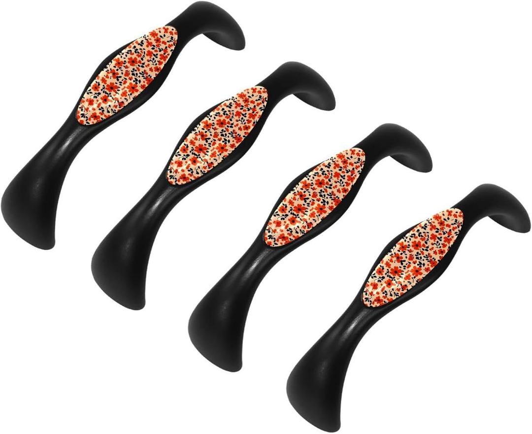 4 Packs Colorful Ditsy Flower Pattern Black Cabinet Pulls 5 Inch Hole Centers Drawer Pulls Dresser Handle Cabinet Hardware with Screws Kitchen Closet Drawer Door Handles (Multicolored 2)
