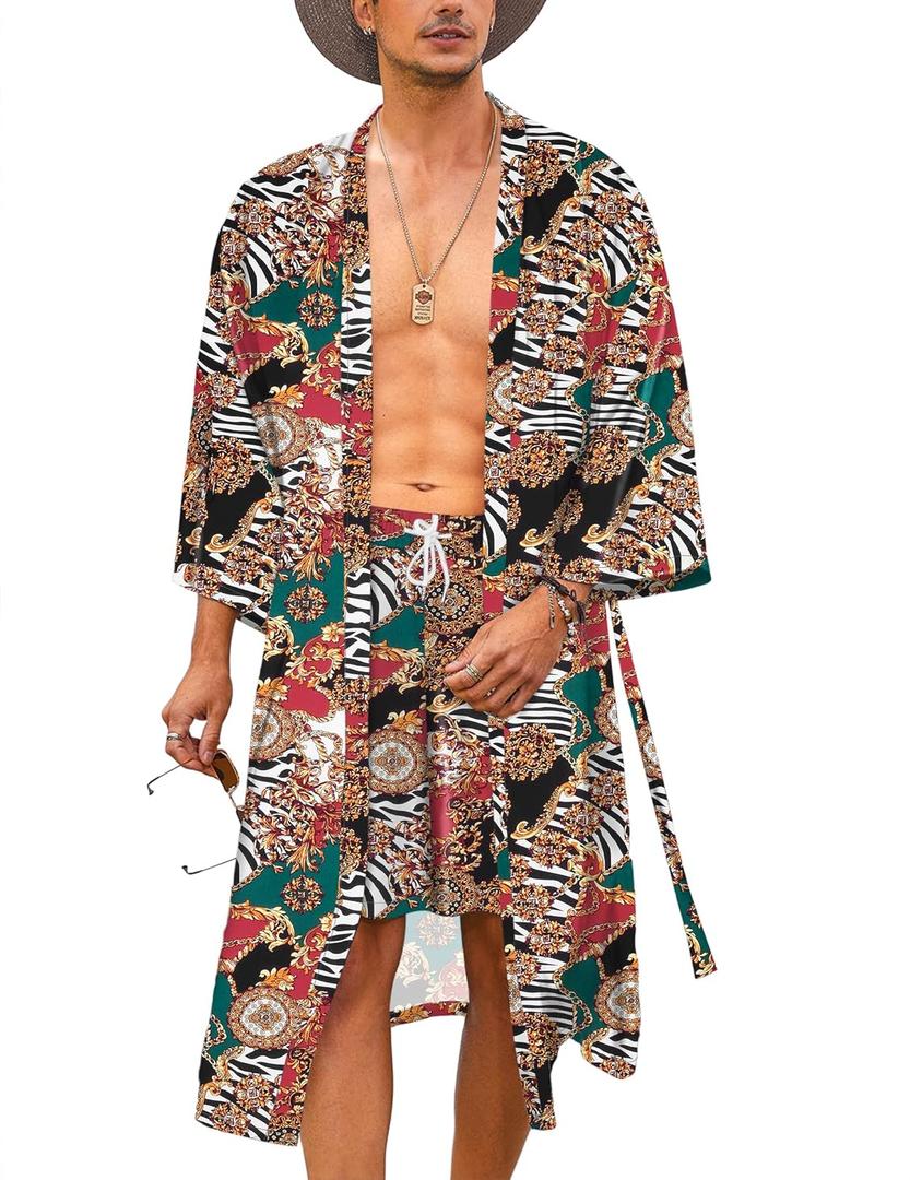 COOFANDY Men Lightweight 2 Piece Kimono Robe with Shorts Japanese Robes Casual Open Front Long Cardigan With Belt (M)