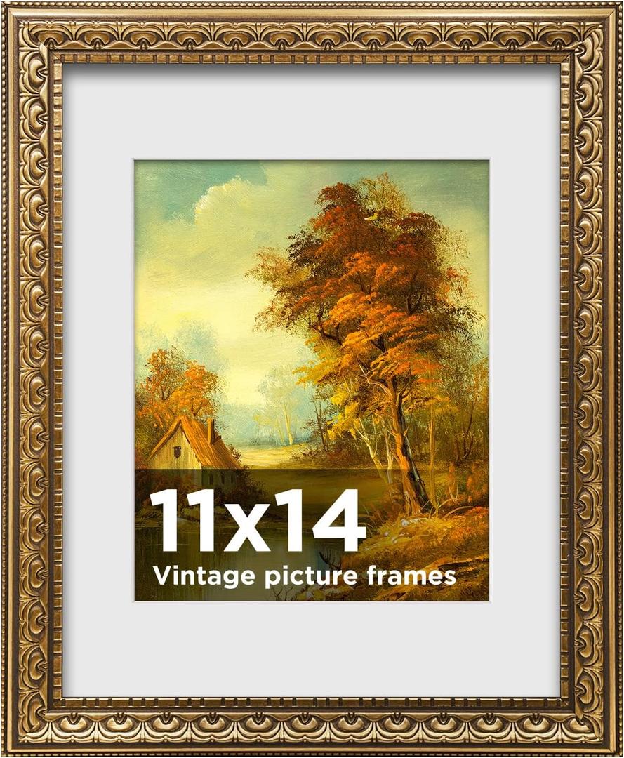 11x14 Vintage Picture Frames,Antique Picture Frame with White Mat for 8x10 Picture,Gold Frame for Wall Decor,1 Pack Ornate Picture Frame,Gold