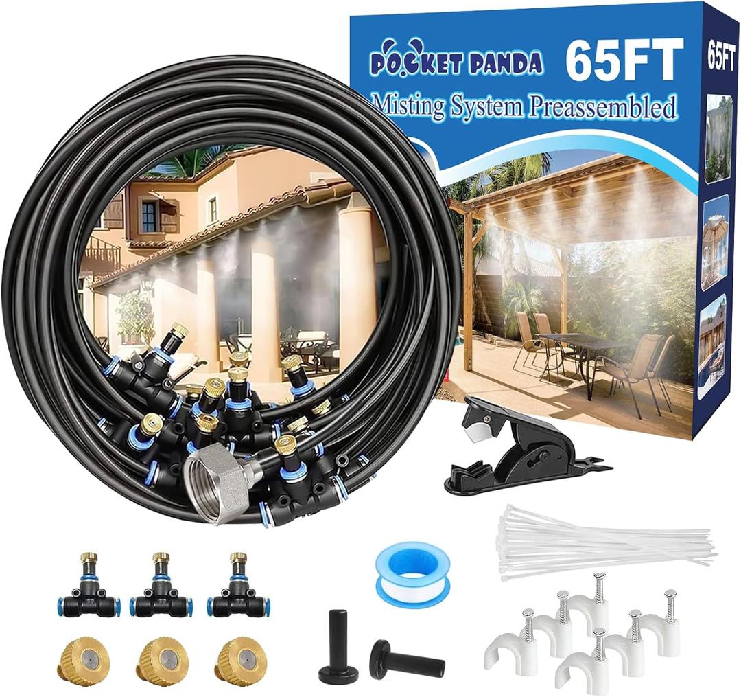 Pre-Assembled Mister Hose for Outside Patio, Misting System for Outdoor, 65Ft|20M. Backyard Cooling Mist for Garden, Greenhouse, Deck, Umbrella, Canopy, Pool, Porch.Trampoline Sprinkler Park, Chicken (Black)