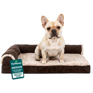 Furhaven Orthopedic Dog Bed for Medium/Small Dogs w/ Removable Bolsters & Washable Cover, For Dogs Up to 35 lbs - Two-Tone Plush Faux Fur & Suede L Shaped Chaise - Espresso, Medium,30"L x 20"W x 6"Th