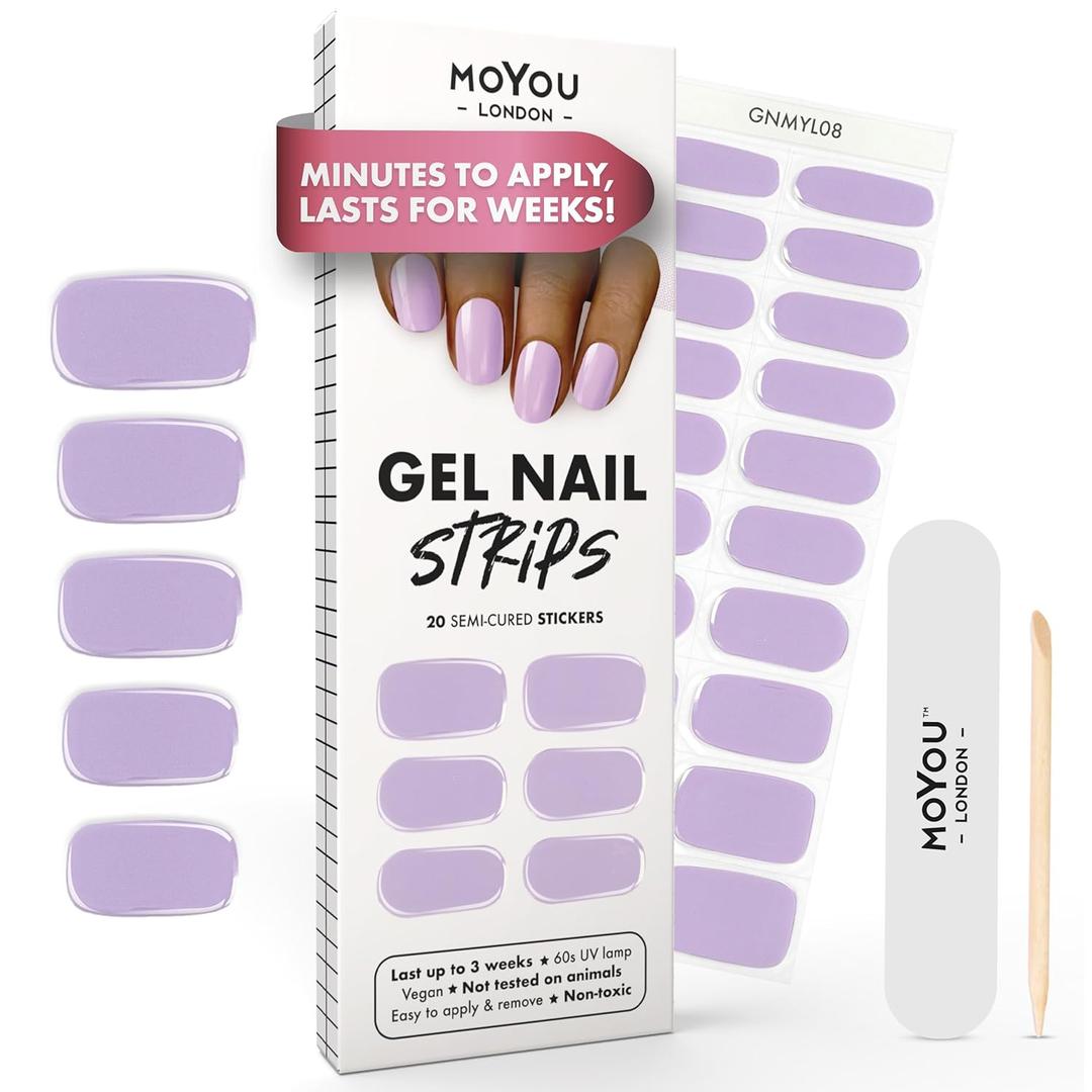 MOYOU LONDON Semi Cured Gel Nail Strips - 20 Pcs. Waterproof Gel Nail Wraps, Cures in Sunlight or UV/LED Lamp, Lasts Up to 2+ Weeks, Stretchable, Easy to Apply & Remove, Vegan & Cruelty-Free (Pastel Purple)