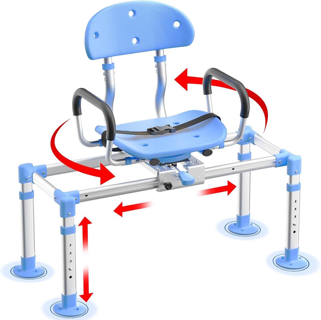 KingPavonini 550lbs Heavy Duty Sliding Shower Chair Tub Transfer Bench with 360° Swivel Seat, Shower Chair for Inside Shower with Adjustable Backrest, Non-Slip Shower Bench for Elderly and Disabled