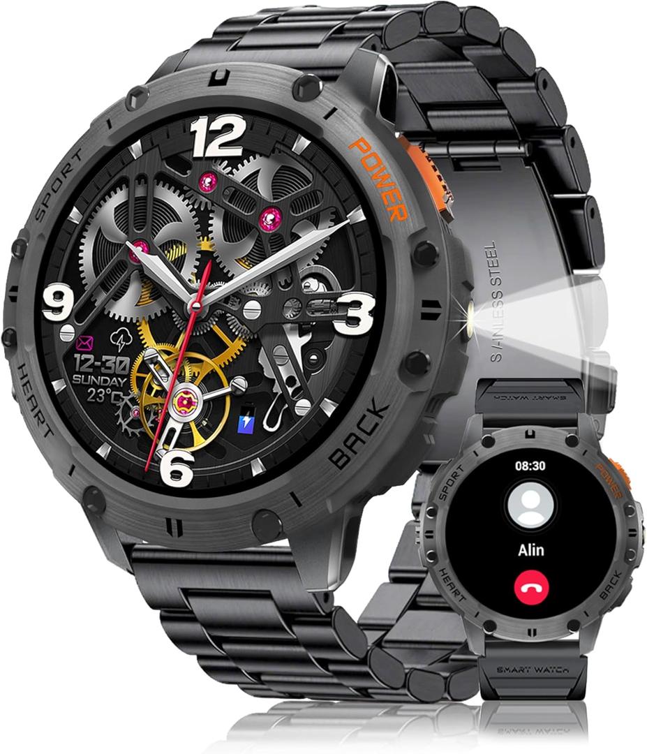 Smart Watches for Men with Flashlight(Answer/Make Calls),1,43" AMOLED Military Rugged Tactical Smartwatch,5ATM Waterproof/Heart Rate Monitor/Fitness Tracker for iOS Android,3-Bead (Large)