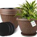 4 Pack 12 Inch Pots for Plants, Plastic Outdoor Flower Pots with Drainage Hole & Tray, Large Planters for Garden Porch Home Indoor Outdoor Decor - Pebbles Pattern Design Plant Pots