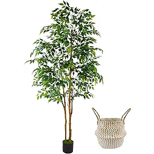 Artificial Ficus Tree, 7ft Silk Fake Ficus Leaves Plant with Basket, Indoor Outdoor Faux Green Tree for Home Garden Office House Livingroom Décor