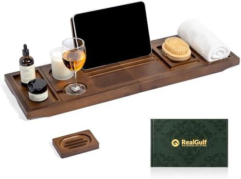 Realgulf Bamboo Bathtub Tray, Bath Caddy with Wine Glass Holder, Phone Dock & Book Stand | Hands-Free Reading & Ultimate Spa Relaxation Experience-Brown