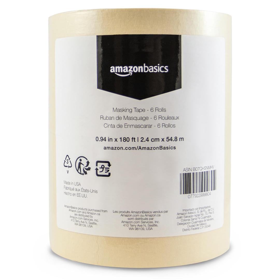 Amazon Basics Masking Tape, 0.94 inch by 180 feet, 6 Rolls, Beige