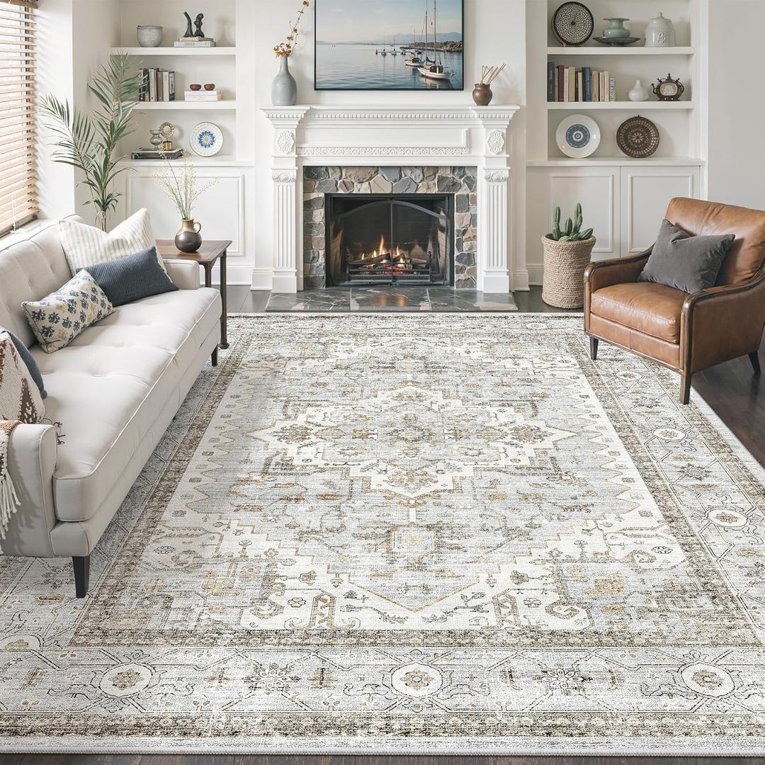 befbee 8x10 Area Rugs for Living Room, Stain Resistant Neutral Washable Rugs for Dining Room, Floral Vintage Non-Slip Thin Large Size Area Rug BlueBeige