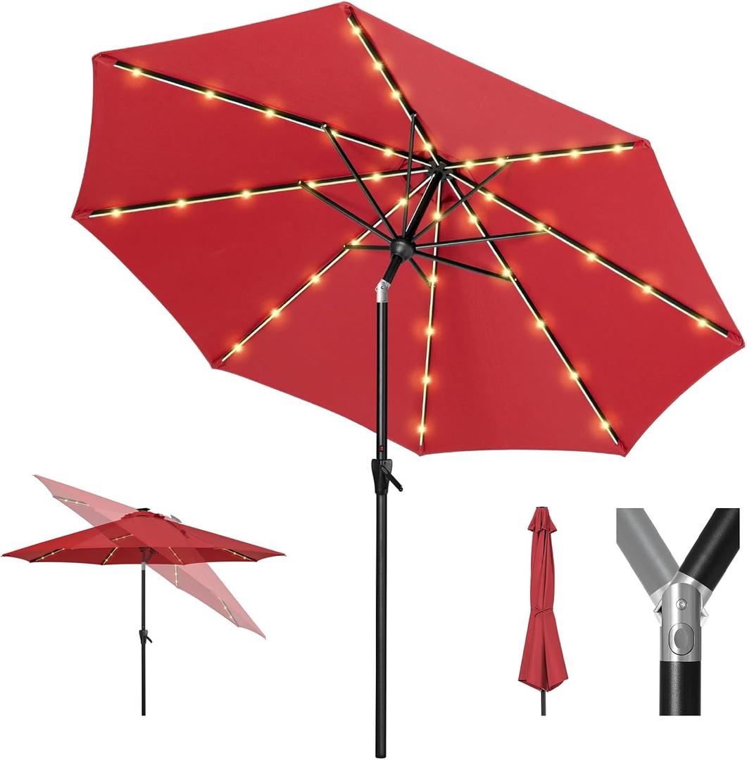 Tempera Solar Patio Umbrella 40 LED Lighted Outdoor Umbrella Table Market Umbrella with Push Button Tilt and Crank, Solar Umbrella with Sturdy Pole&Fade Resistant Canopy, Easy to Set