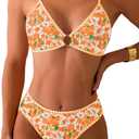 Tainehs Women's Two Piece Bikini Sets O Ring Front Top Ditsy Floral Triangle Swimsuits Cheeky Bathing Suit (Large)