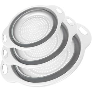 Collapsible Colander 3-Pack Set Space-Saving Foldable Kitchen Strainer with Non-Slip Base Durable Thickened PP+TPE Collapsible Strainers for Pasta, Vegetables, Fruits (Gray-White)