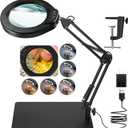 5 Inch Large Magnifying Glass with Light and Stand, 2-in-1 LED Lighted Magnifier, 5 Color Modes Stepless Dimmable, Hands Free 10X Magnifying Desk Lamp with Clamp for Craft Hobby Repair Close Works (Black)