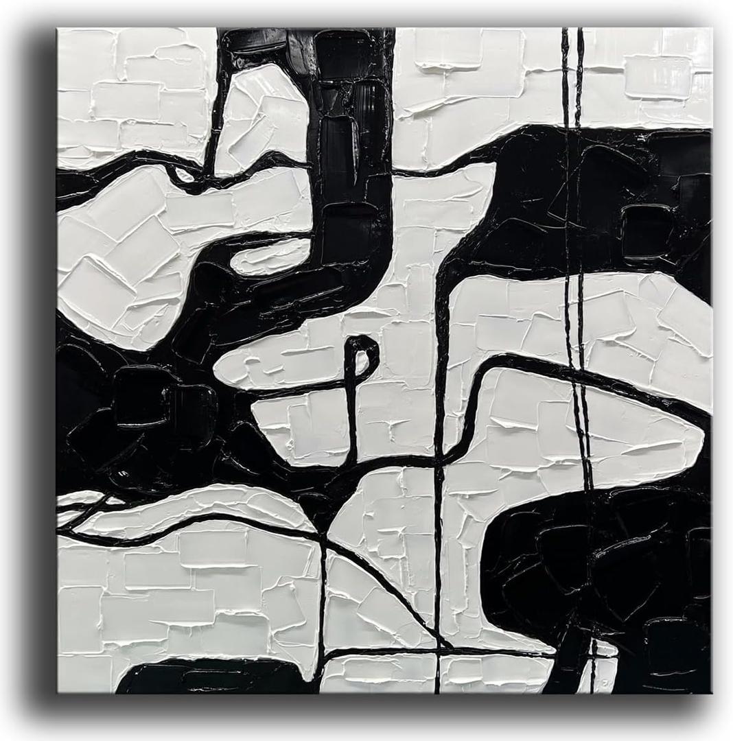 YaSheng Art - Black and White Canvas Wall Art, Hand-Painted 3D Thick Texture Minimalism Abstract Artwork, Oil Painting for Living Room and Office, Ready to Hang, 30x30 Inch
