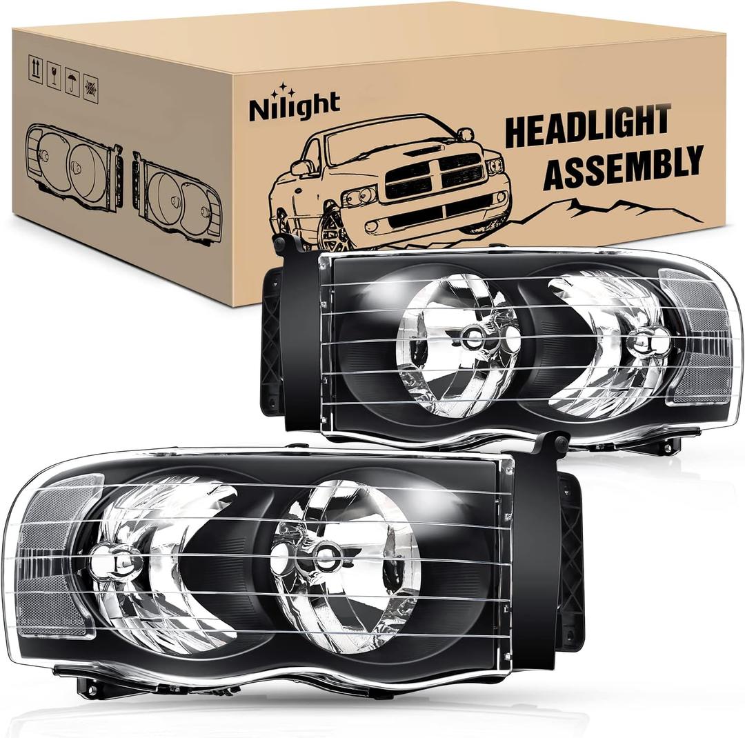 Nilight Headlights for 2002 2003 2004 2005 Ram 1500 2500 3500 Truck Black Housing Clear Corner, Headlight Assembly Replacement kit, Driver and Passenger Side, 2 Pack