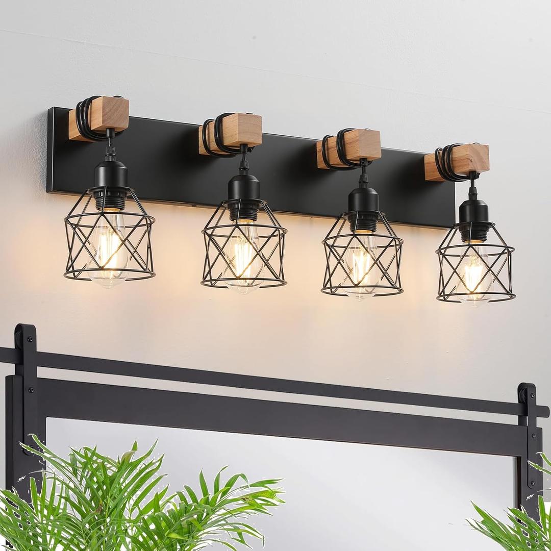 Farmhouse Vanity Light Fixture,4-Light Bathroom Lighting,Black Industrial Wood Wall Light Over Mirror with Metal Shade,LED Bulbs Not Included