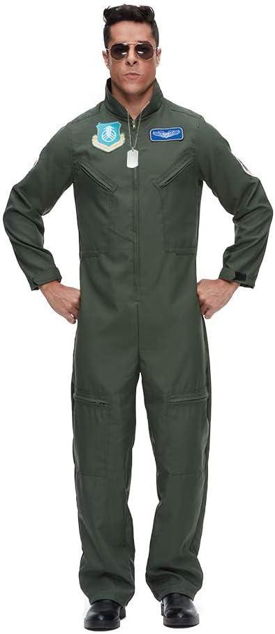 EraSpooky Men's Flight Suit Adult Air Force Pilot Jumpsuit Costume with Necklace and Sunglasses (X-Large)