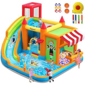 FBSPORT Inflatable Bounce House Water Slide, Bounce House for Kids with Toy Market Stand Splash Pool Bouncer Climbing Wall Water Gun Ball Dart, Bouncy Castle W/620W Blower for Outdoor Indoor, Red
