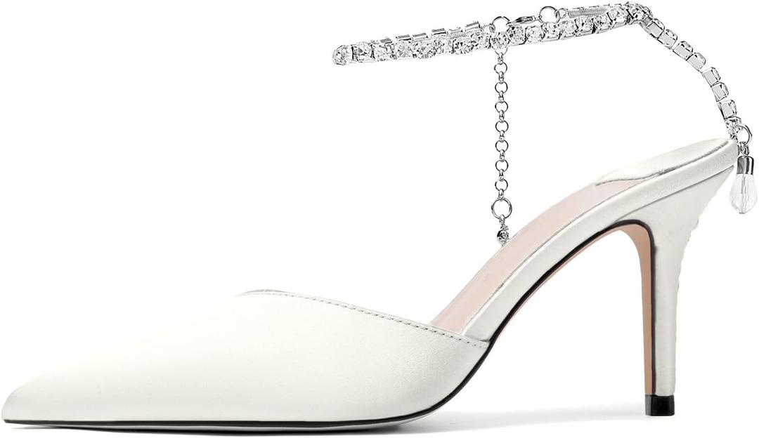 Vertundy Women's High Heel Stiletto Pumps Closed Pointed Toe Ankle Strap Fashion Strappy Sandals Comfortable Party Wedding Dressy Shoes 3.3IN (8, White)