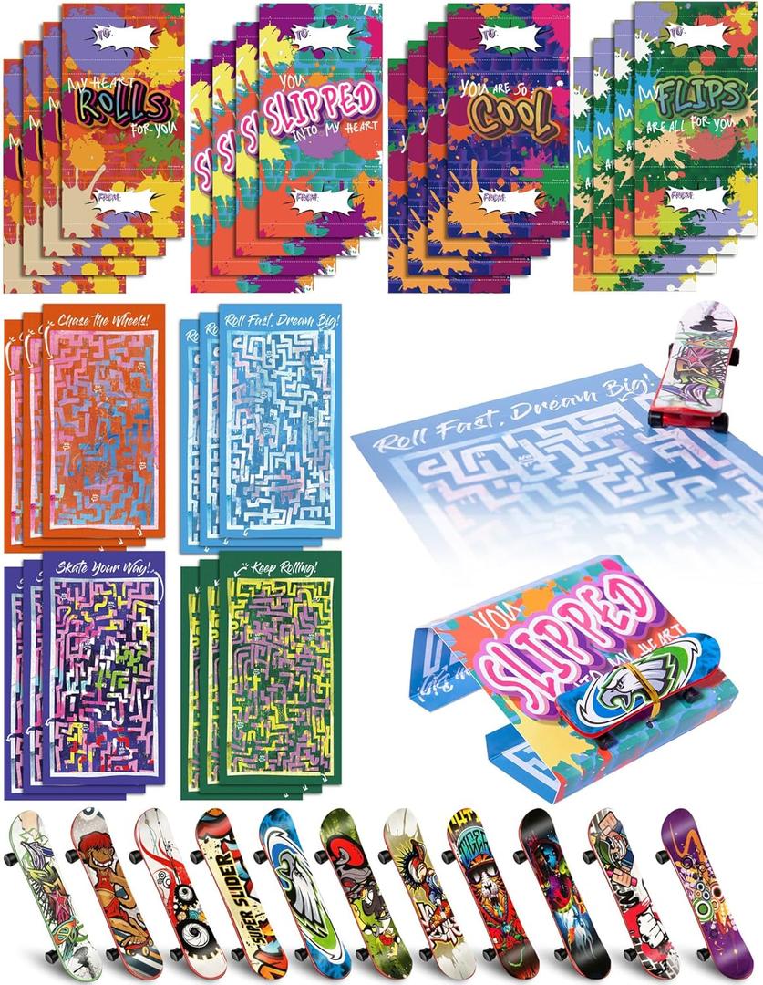 28 Pcs Valentines Cards for Kids with Finger Skateboards, Kids Valentines Day Cards for School Classroom, Valentines Exchange Gifts for Boys Girls, Valentines Party Favors toys
