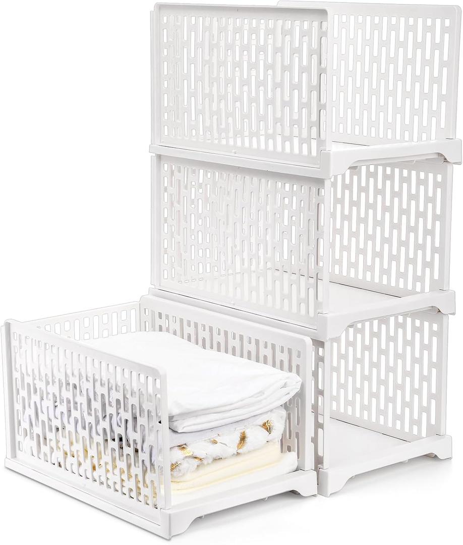 AVLA 4 Pack 38" Stackable Plastic Storage Basket, Plastic Foldable Closet Organizer Storage Bins, Wardrobe Storage Box Clothes Drawer Shelf Container for Cupboard Bedroom Dorm Bathroom Kitchen Office