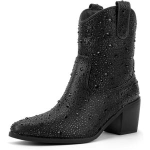 IDIFU IN2 Womens Booties Cowgirl Cowboy Rhinestone Ankle Boots for Women Low Short Block Heel Pointed Toe Slip On Fall Booties Ladies Western Sparkly Glitter Disco Wedding Fashion Dressy Boots (9)
