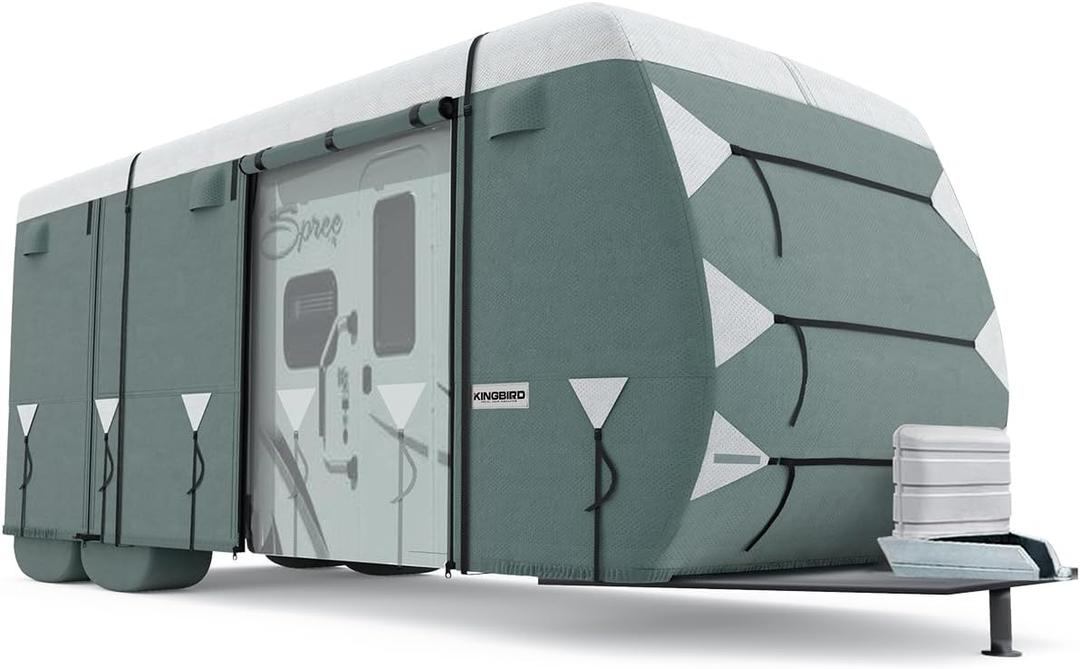 KING BIRD Upgraded Travel Trailer RV Cover, Heavy Duty 5 Layers Anti-UV Top Panel, Durable Camper Cover, Fits 24'- 27' Motorhome -Breathable, Watertight, Rip-Stop (24-27 FT - 324"L*105"W*108"H, Travel Trailer Cover(White&Gray))