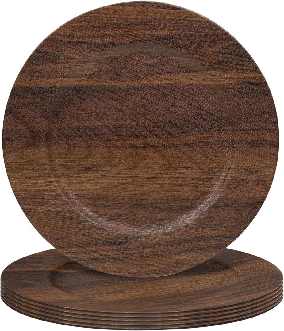 MAONAME Round Charger Plates Set of 6, 13 Inch Brown Charger for Dinner Plates, Farmhouse Faux Wood Plate Chargers, Rustic Table Chargers for Weddings, Party