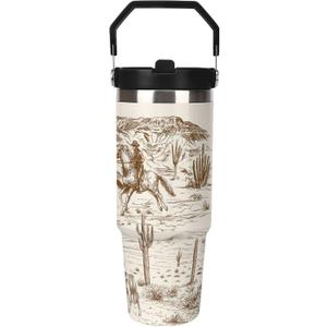 Cowboy Tumbler with Handle Flip Straw Western Desert 30oz Insulated Stainless Steel Cup Vintage Travel Coffee Mug Water Bottle for Women (Beige)