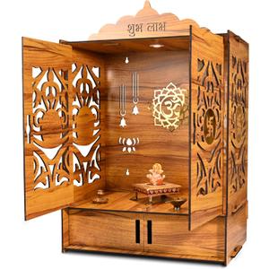 Wooden Temple Mandir for Home with Door | Beautiful Pooja Unit with Storage Space | with LED Light and Wall Mounts | Elegant Pooja Mandir for Home Big Size (Ex Large - 27 * 19 * 11 Inch)