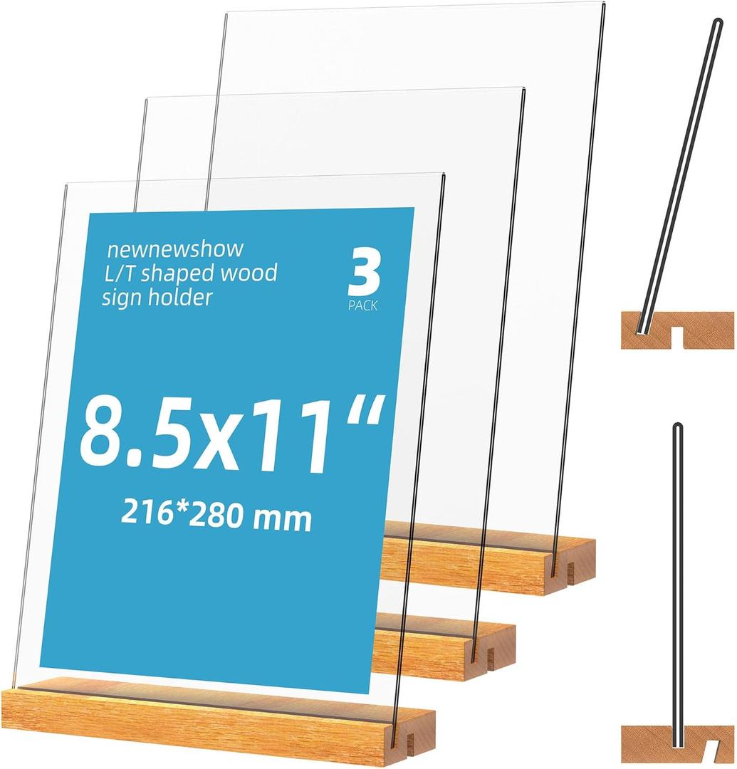 newnewshow 8.5x11 Acrylic Sign Holder with Wood Base Wood Sign Holder Vertical or Slant Back Display
