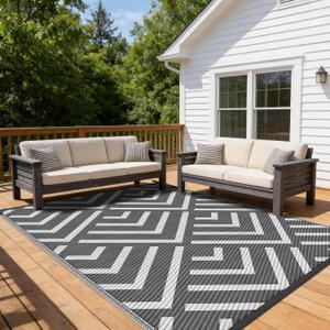 Kohree Outdoor Rug 9x12 Reversible, Waterproof Outdoor Plastic Straw Rug RV Patio Mat, Non-Slip Easy-Cleaning RV Outdoor Mat Carpet for Deck, Patio, Camping, Balcony, Deck, Backyard (Grey & White)