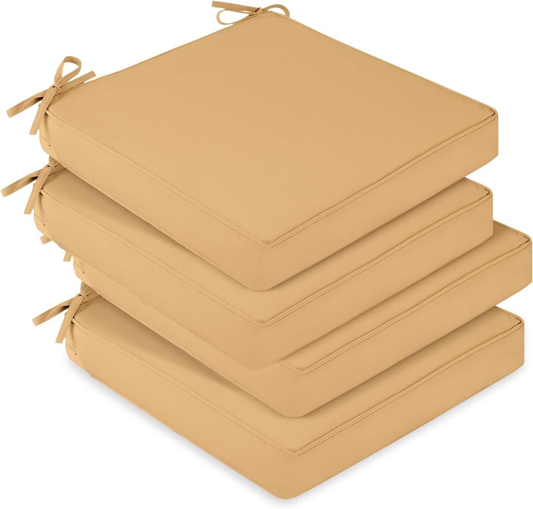 downluxe Waterproof Outdoor Chair Cushions Set of 4, 19" x 19" x 3" Patio Chair Cushion with Non-Slip Ties & Handle, Square Outdoor Cushion for Patio Furniture with Removable Cover, Khaki