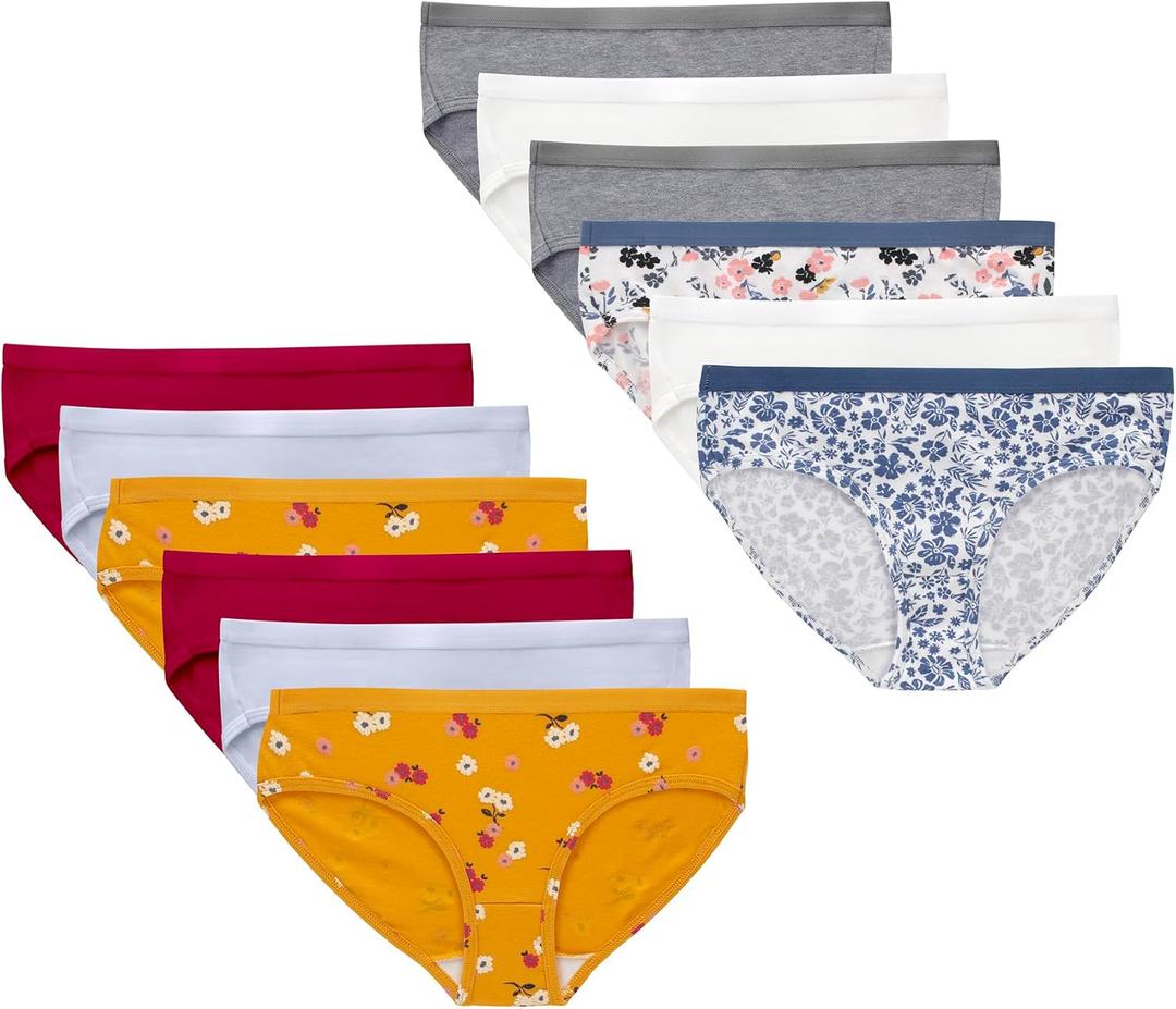 12 Piece Hanes girls Cotton Stretch Underwear (16, Purple, Periwinkle, Grey, White, Floral Prints)
