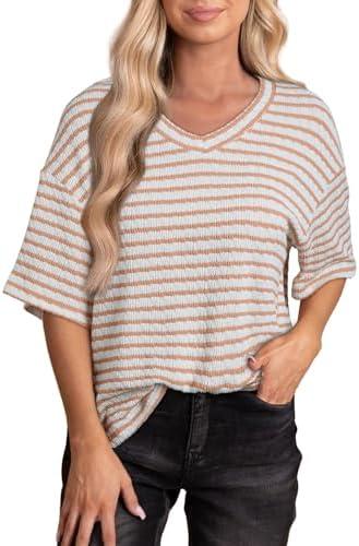 EVALESS Womens Oversized Shirts Summer Tops V Neck Short Sleeve Striped Tee Shirt S