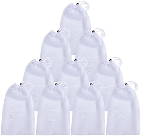 Yinluluna 10Pcs Mesh Drawstring Bags, Portable Nylon Storage Laundry Bags for Dirty Clothes, Gifts, Toys, Travel or Sports Activities Supplies Storage Etc (White, 12" x 16")